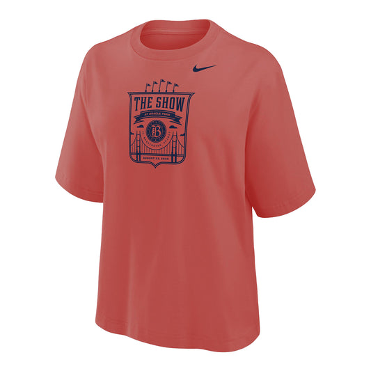 Women's Nike Bay FC The Show at Oracle Park Poppy Boxy Tee view 1
