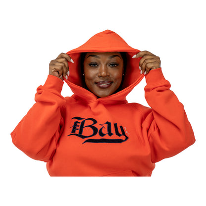 Unisex Official Bay FC Oversized Corduroy Poppy Hoodie - On Model Front View w/ Hood Up