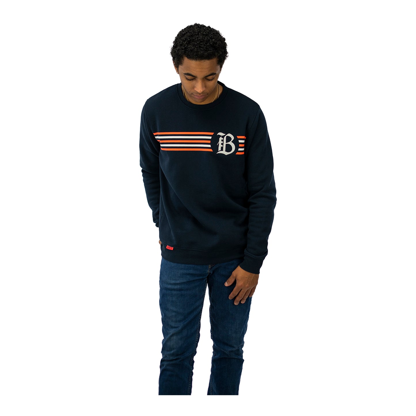 Unisex Official Bay FC Striped Navy Crewneck - On Model Front View