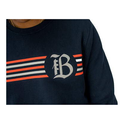 Unisex Official Bay FC Striped Navy Crewneck - Front Detail Zoomed View