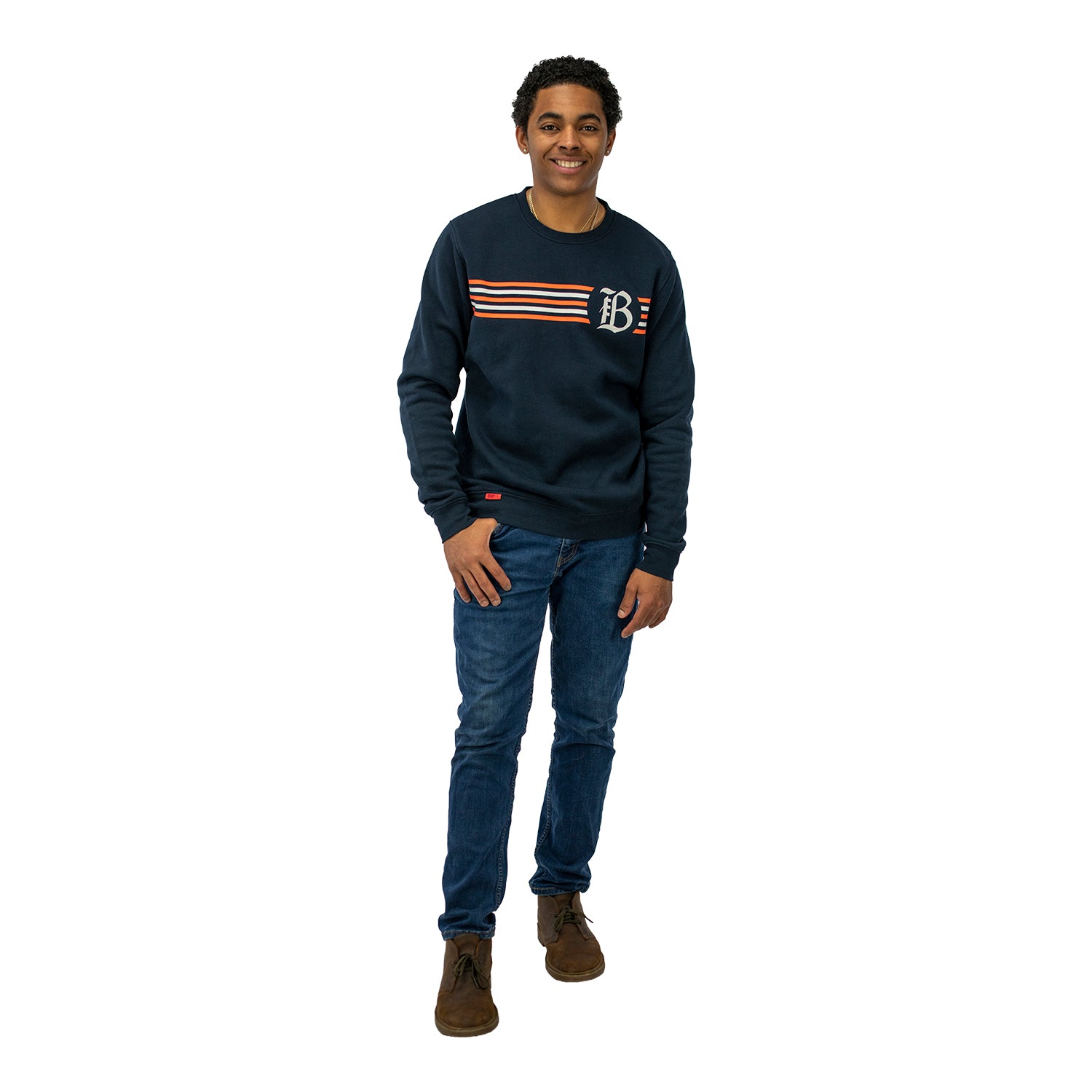 Unisex Official Bay FC Striped Navy Crewneck - On Model Full Body Front View